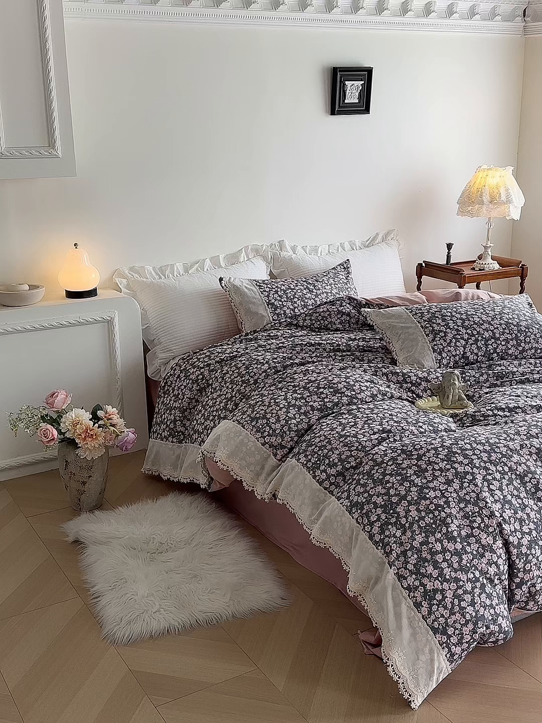 91家纺网 家纺一手货源 找家纺 怡家居 2025新款全棉纯棉磨毛数码印花韩系花边四件套 浪漫