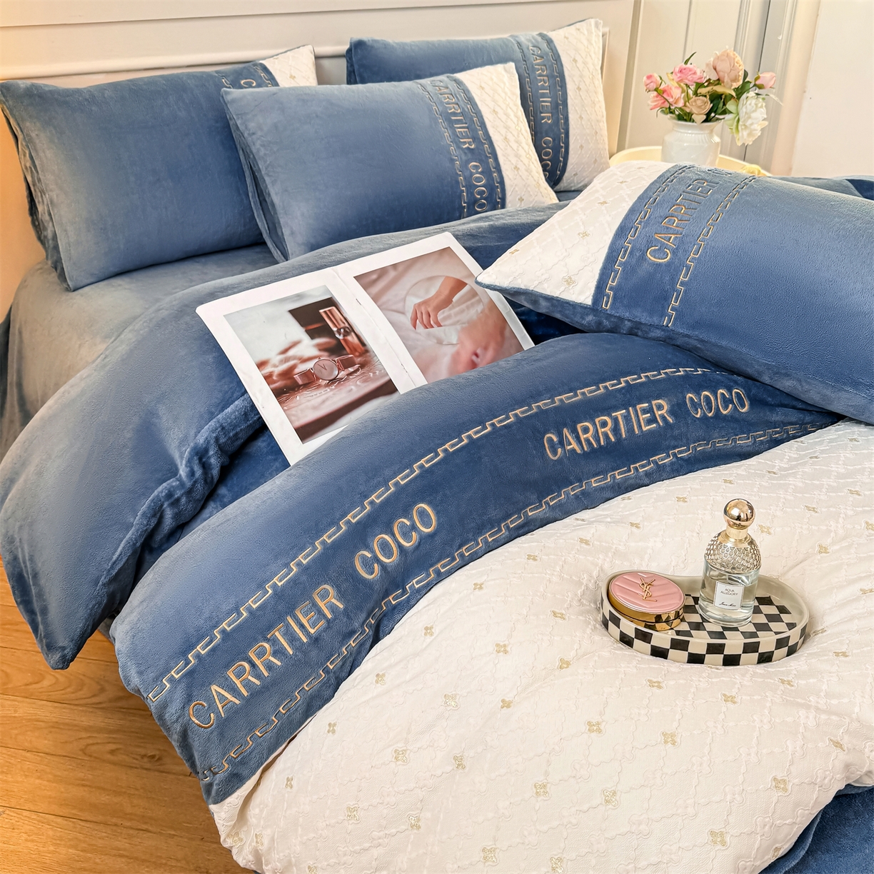 91家纺网 家纺一手货源 找家纺 灰鲸 2025新款牛奶绒拼接刺绣雕花四件套-可可 可可-宾利蓝