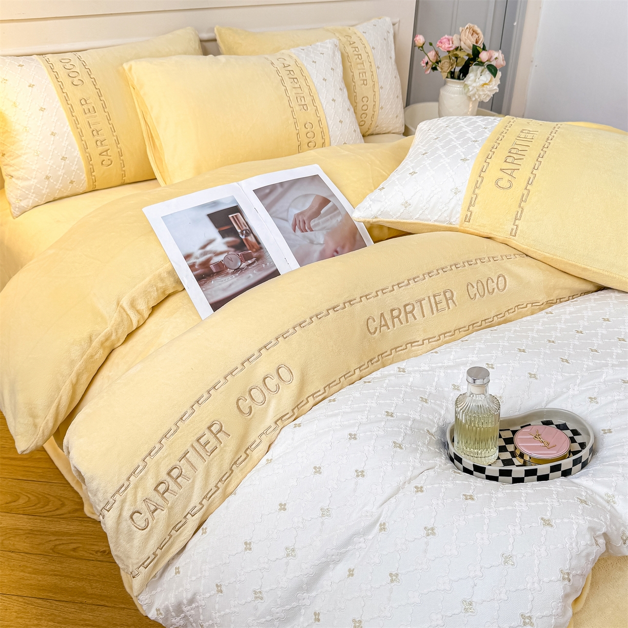 91家纺网 家纺一手货源 找家纺 灰鲸 2025新款牛奶绒拼接刺绣雕花四件套-可可 可可-奶油黄