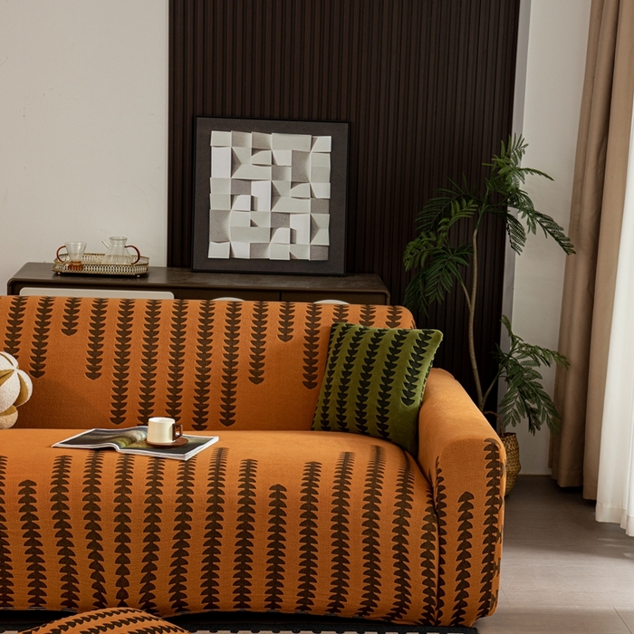 91家纺网 家纺一手货源 找家纺 沐沐家纺 2026新款阳离子四季通用沙发套茂木修竹-橙色