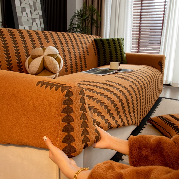 91家纺网 家纺一手货源 找家纺 沐沐家纺 2026新款阳离子四季通用沙发套茂木修竹-橙色