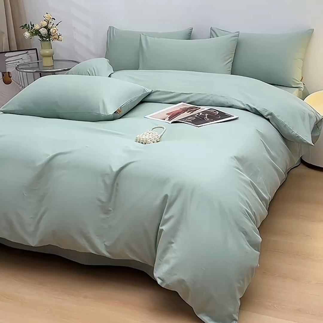 91家纺网 家纺一手货源 找家纺 宇彬家纺 2026直播热爆新款A类13374全棉一字绣纯色四件套贡缎新疆长绒匹马棉可定做 眠系列-炫彩绿