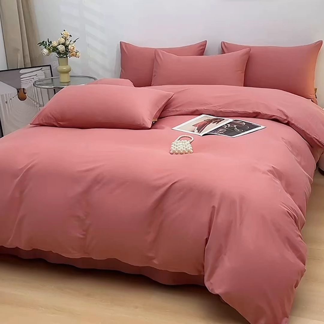 91家纺网 家纺一手货源 找家纺 宇彬家纺 2026直播热爆新款A类13374全棉一字绣纯色四件套贡缎新疆长绒匹马棉可定做 眠系列-奶油粉