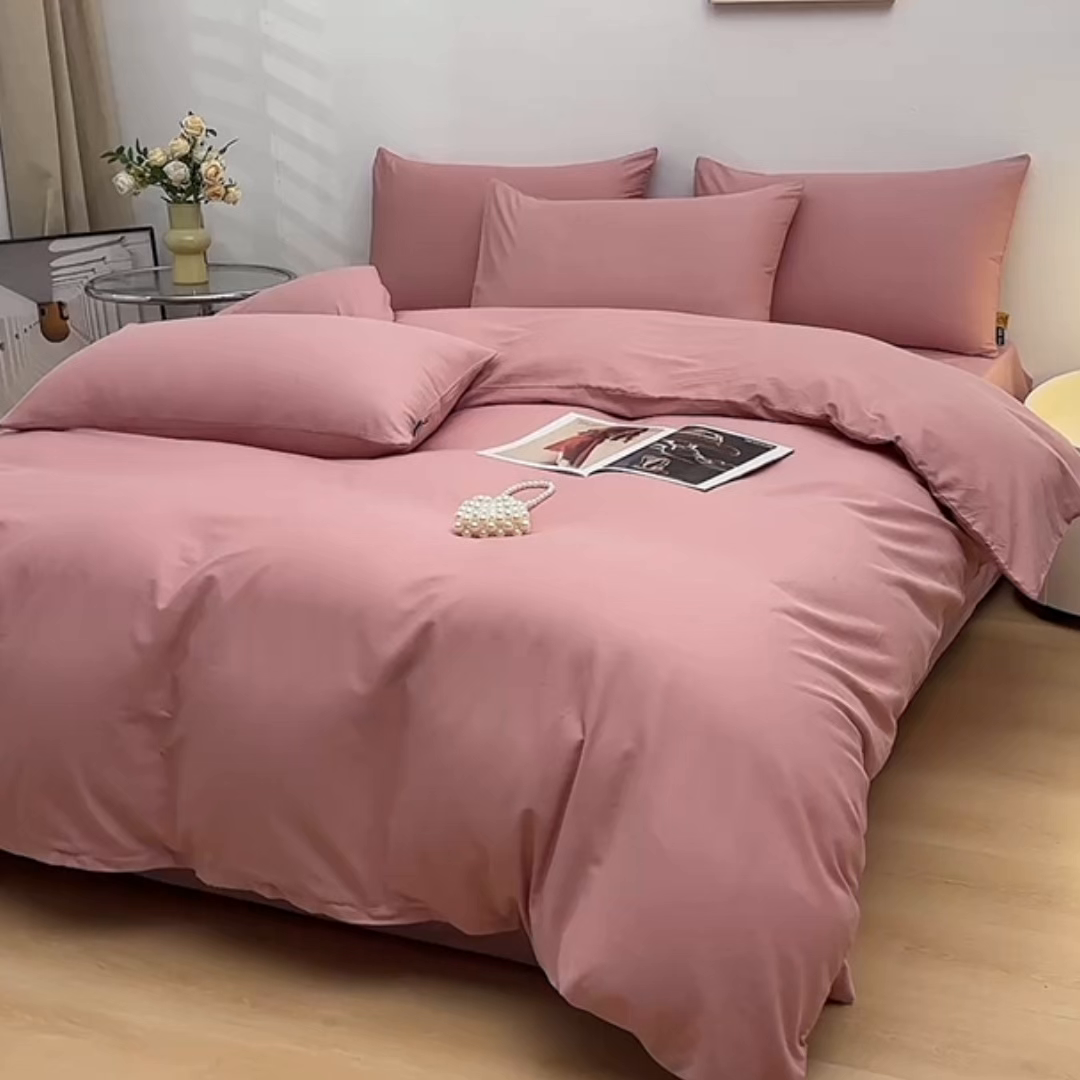 91家纺网 家纺一手货源 找家纺 宇彬家纺 2026直播热爆新款A类13374全棉一字绣纯色四件套贡缎新疆长绒匹马棉可定做 眠系列-紫豆沙