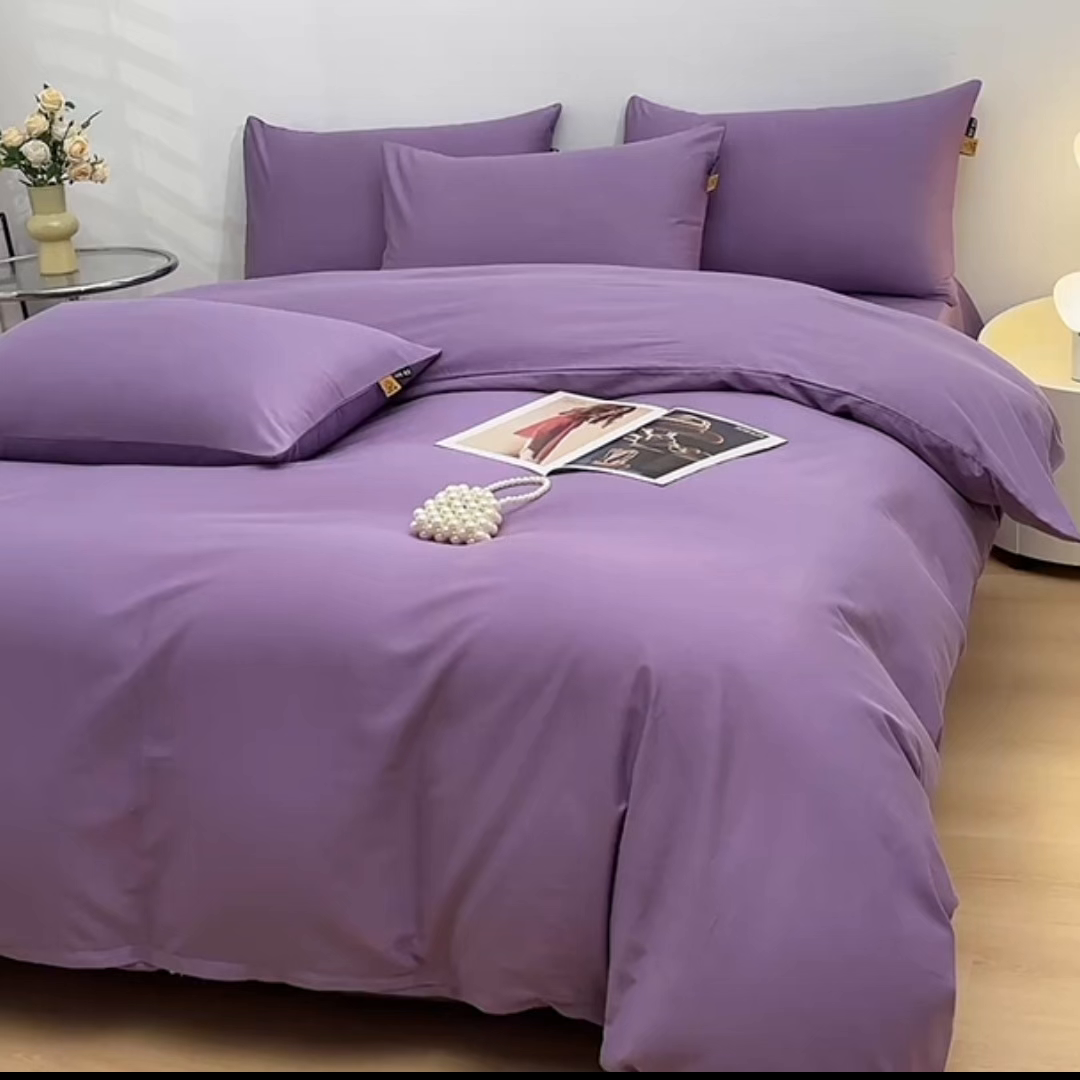 91家纺网 家纺一手货源 找家纺 宇彬家纺 2026直播热爆新款A类13374全棉一字绣纯色四件套贡缎新疆长绒匹马棉可定做 眠系列-典雅紫
