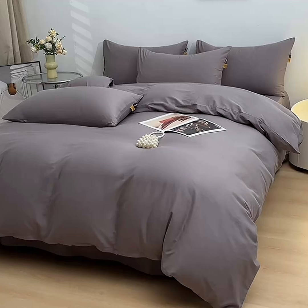 91家纺网 家纺一手货源 找家纺 宇彬家纺 2026直播热爆新款A类13374全棉一字绣纯色四件套贡缎新疆长绒匹马棉可定做 眠系列-绅士灰