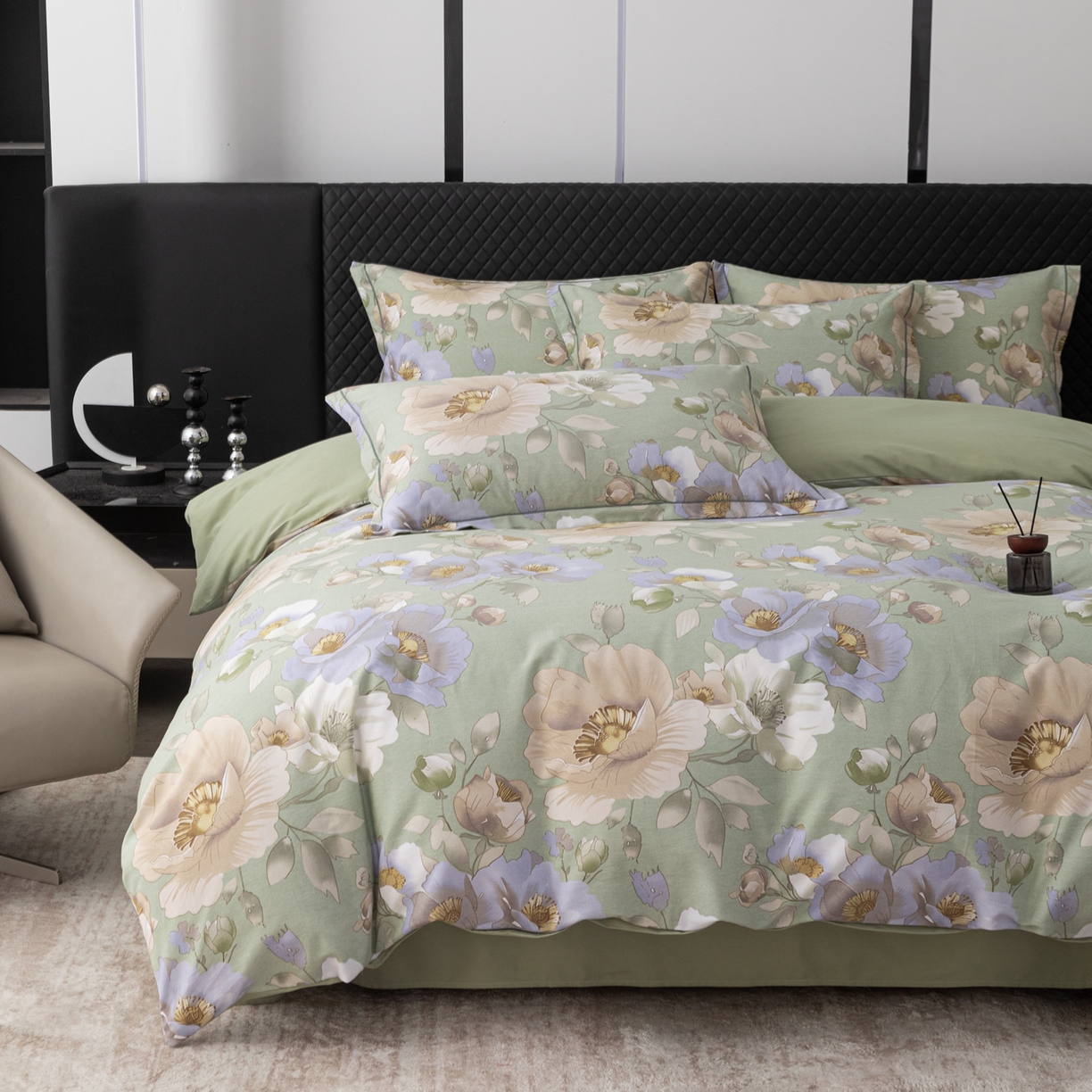 91家纺网 家纺一手货源 找家纺 贝兰仙奴 2025新款全棉磨毛多规格系列四件套 花灿烂绿