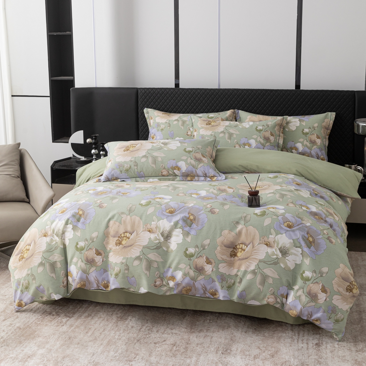 91家纺网 家纺一手货源 找家纺 贝兰仙奴 2025新款全棉磨毛多规格系列四件套 花灿烂绿