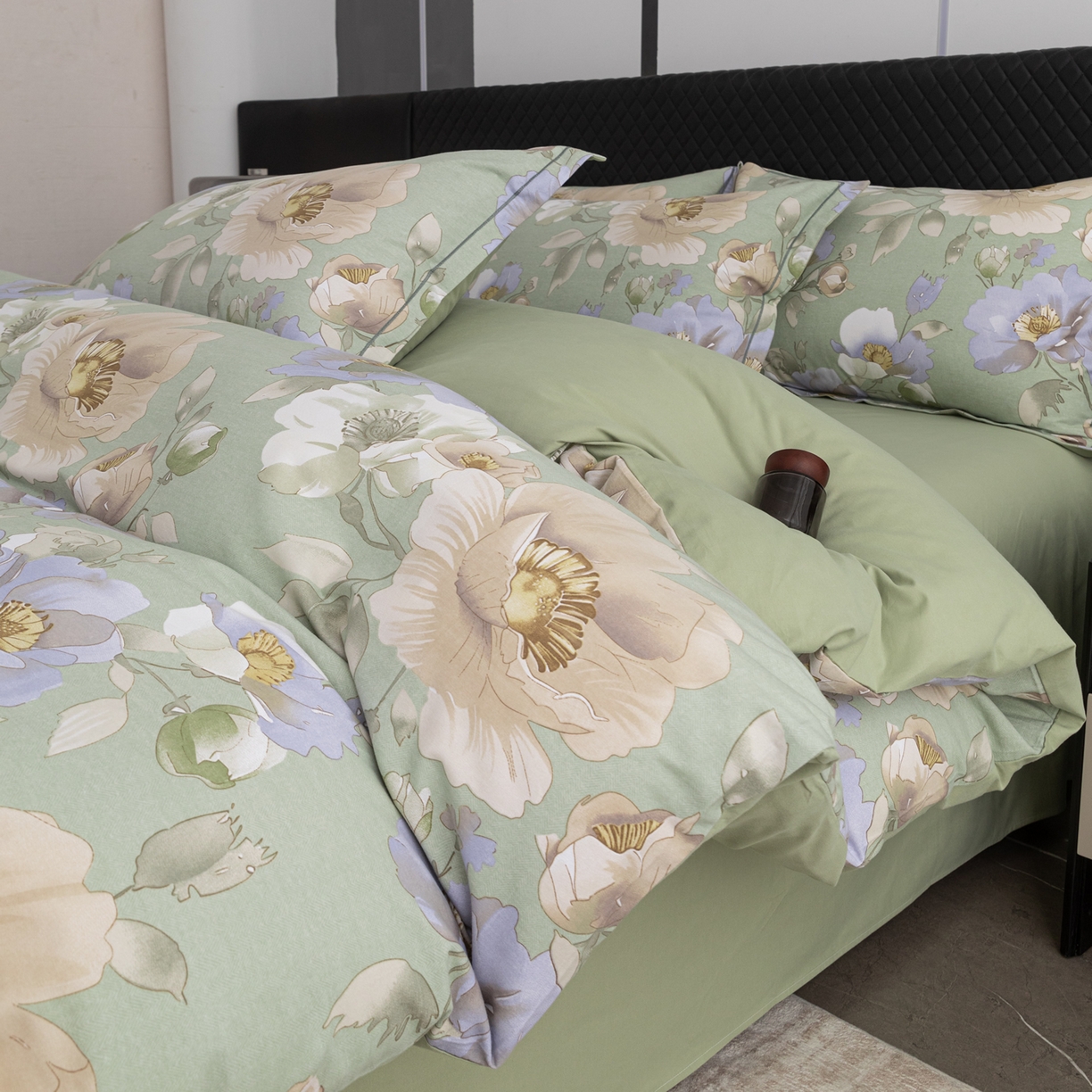 91家纺网 家纺一手货源 找家纺 贝兰仙奴 2025新款全棉磨毛多规格系列四件套 花灿烂绿