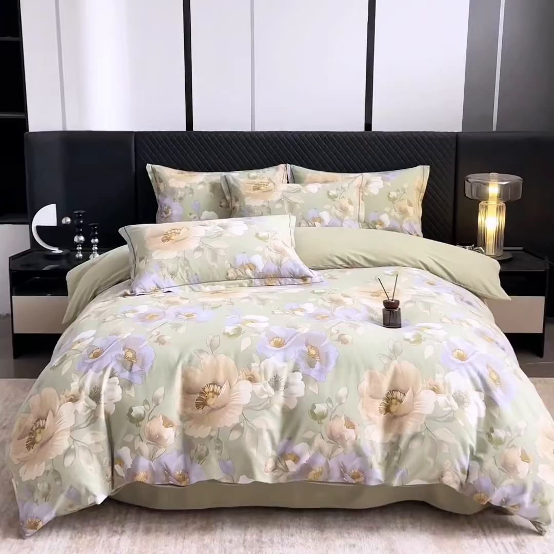 91家纺网 家纺一手货源 找家纺 贝兰仙奴 2025新款全棉磨毛多规格系列四件套 花灿烂绿