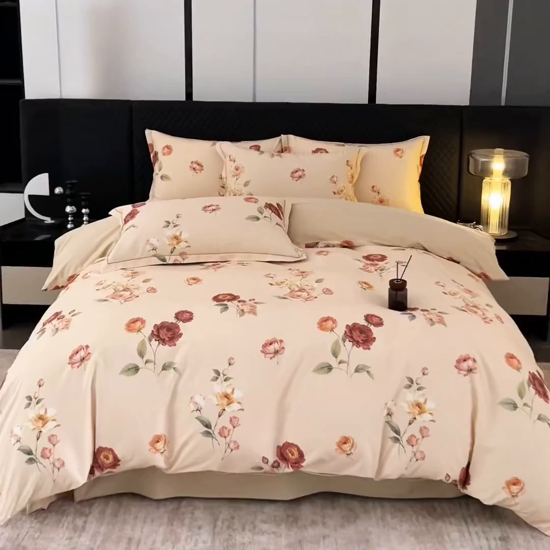 91家纺网 家纺一手货源 找家纺 贝兰仙奴 2025新款全棉磨毛多规格系列四件套 玫瑰时光黄