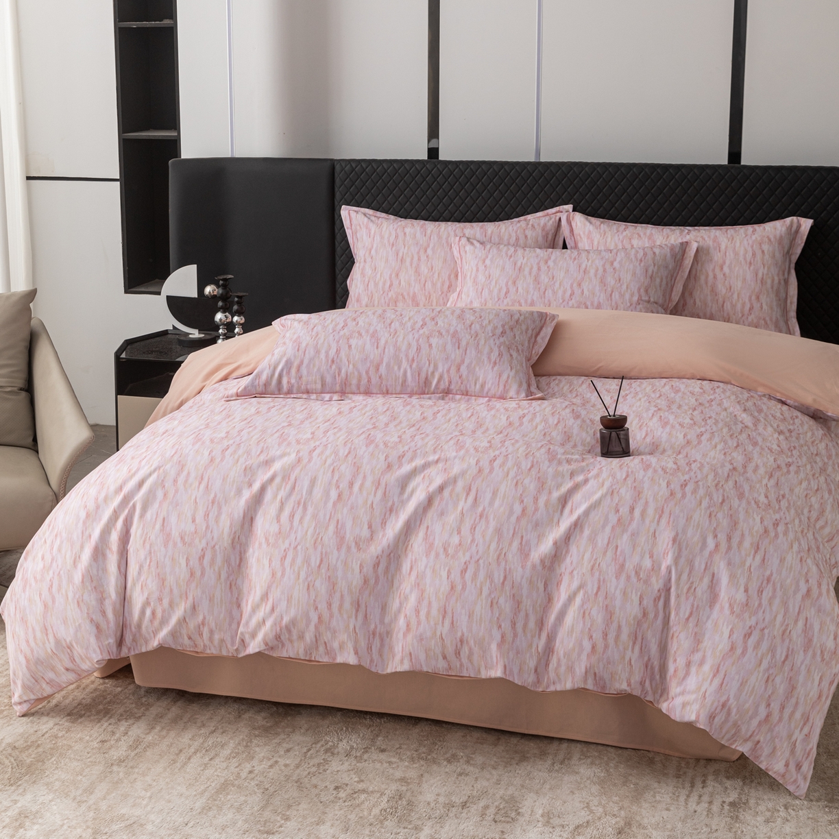 91家纺网 家纺一手货源 找家纺 贝兰仙奴 2025新款全棉磨毛多规格系列四件套 云岫流彩粉