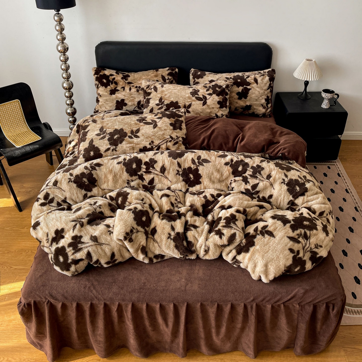 91家纺网 家纺一手货源 找家纺 富米莱（原臻工厂） 2025新款简约美拉德高克重兔绒牛奶绒床盖床裙四件套 简约款-简爱