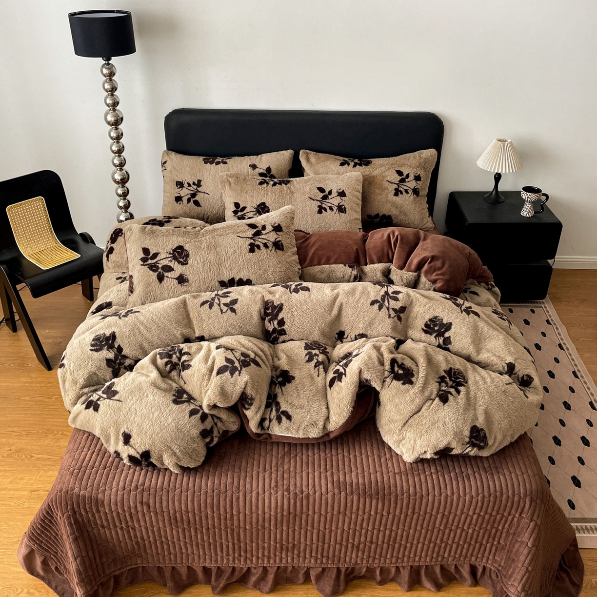 91家纺网 家纺一手货源 找家纺 富米莱（原臻工厂） 2025新款简约美拉德高克重兔绒牛奶绒床盖床裙四件套 简约款-复古玫瑰