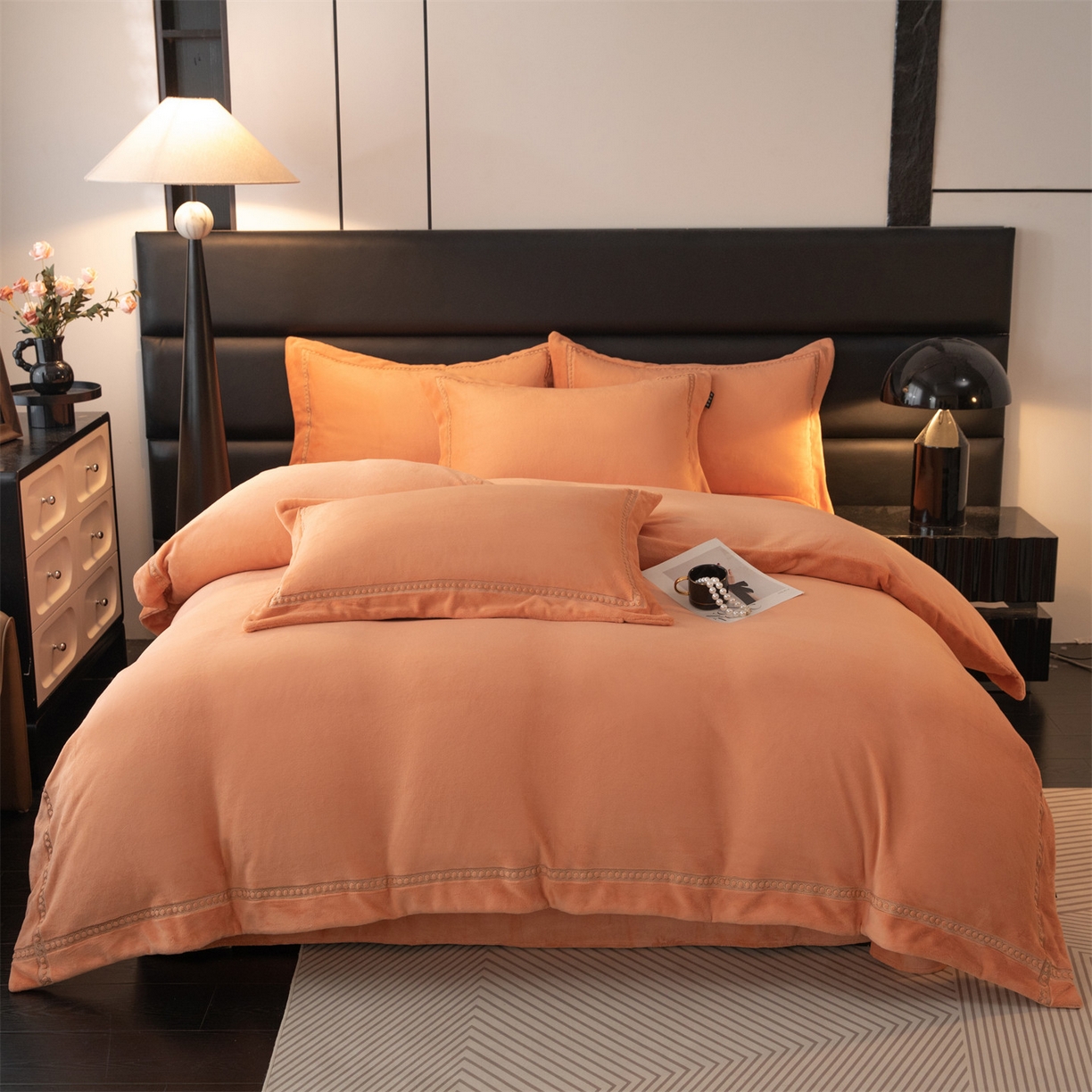 暖洋家纺 2025新款暖芙绒纯色刺绣款套件四件套 爱玛橙