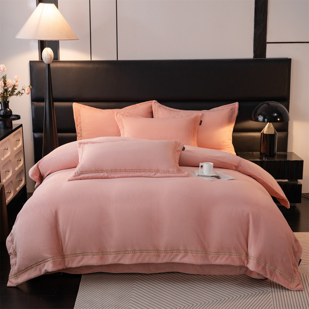 暖洋家纺 2025新款暖芙绒纯色刺绣款套件四件套 玉色