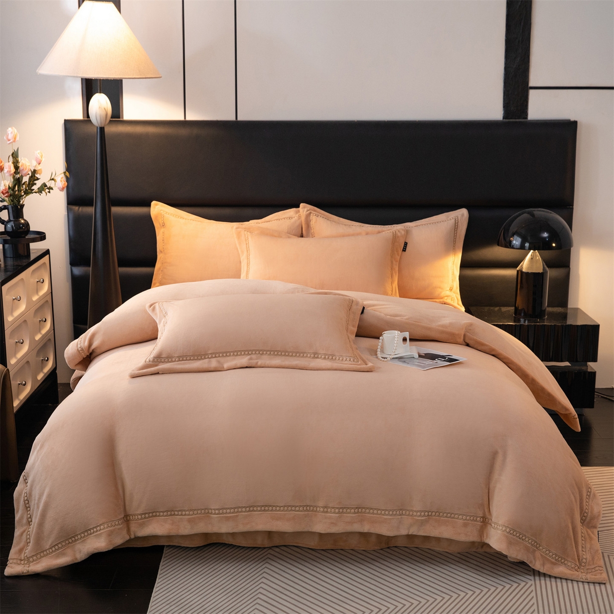 91家纺网 家纺一手货源 找家纺 （总）暖洋家纺 2025新款暖芙绒纯色刺绣款套件四件套