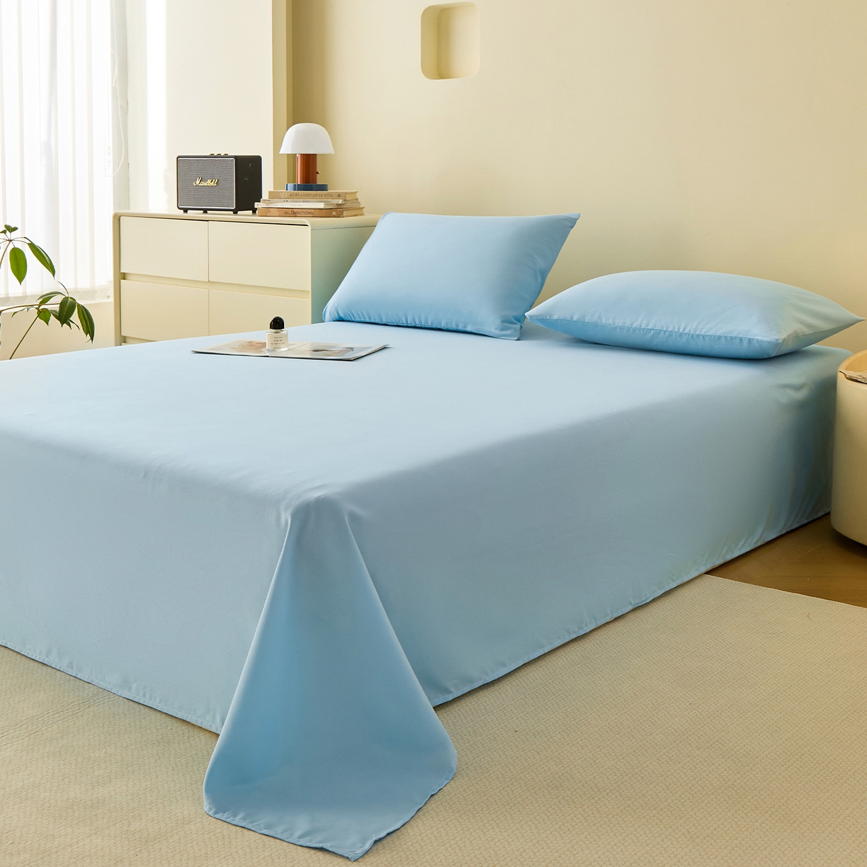 91家纺网 家纺一手货源 找家纺 青泽家纺 2025新款A类亲肤水洗棉纯色床单单品床单单件单床单 海盐蓝