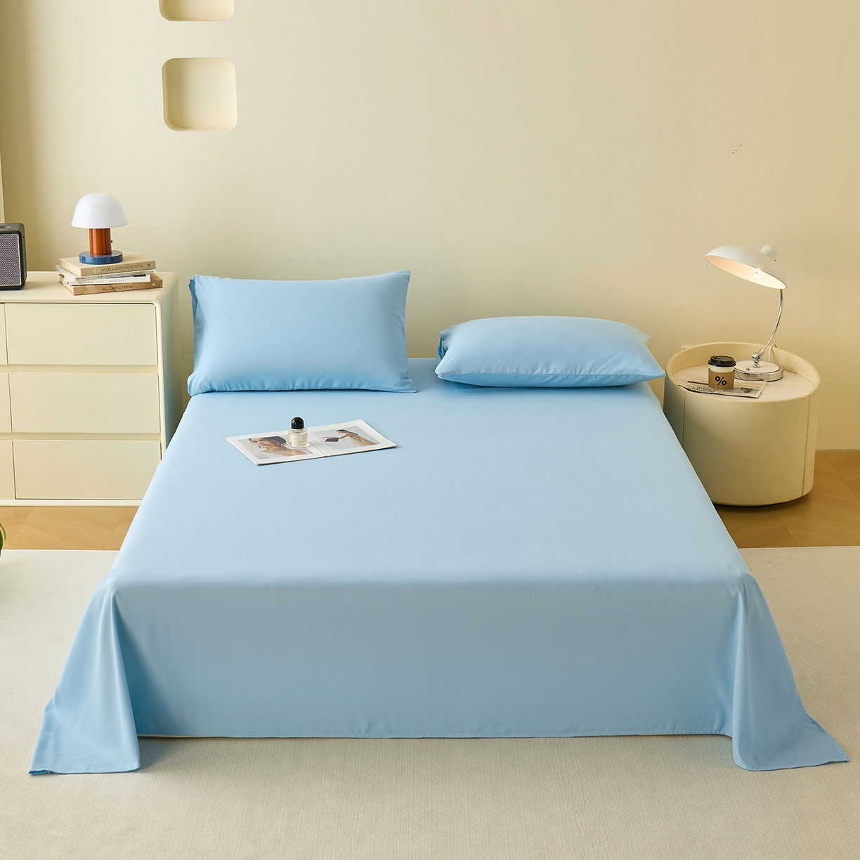 91家纺网 家纺一手货源 找家纺 青泽家纺 2025新款A类亲肤水洗棉纯色床单单品床单单件单床单 海盐蓝