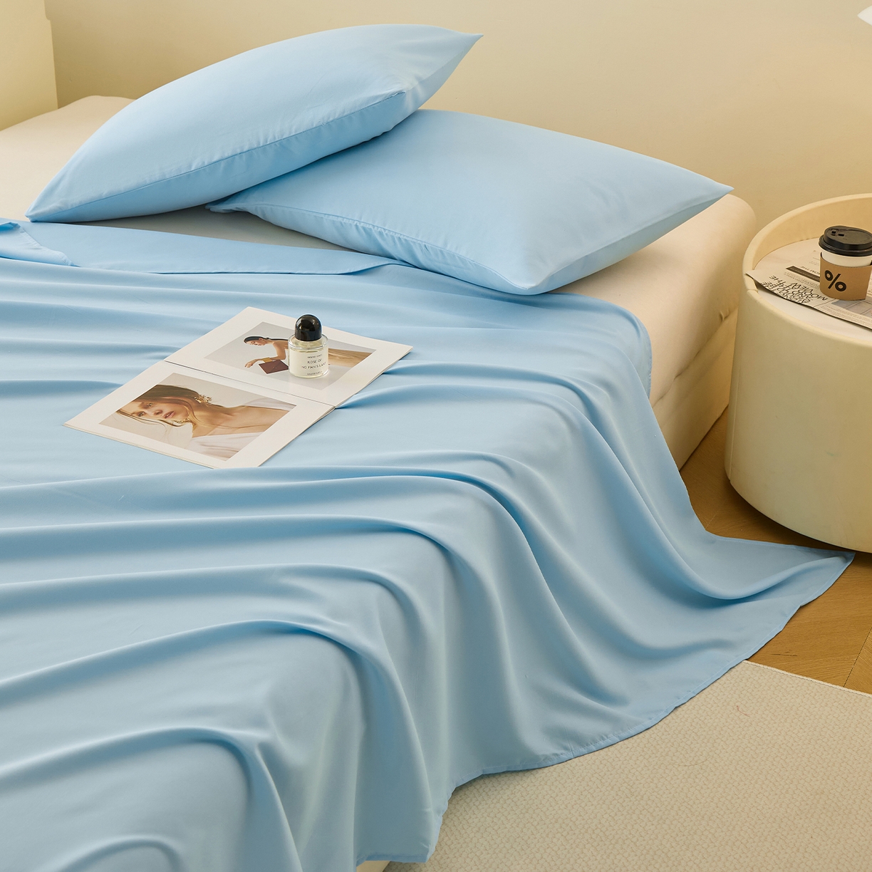 91家纺网 家纺一手货源 找家纺 青泽家纺 2025新款A类亲肤水洗棉纯色床单单品床单单件单床单 海盐蓝