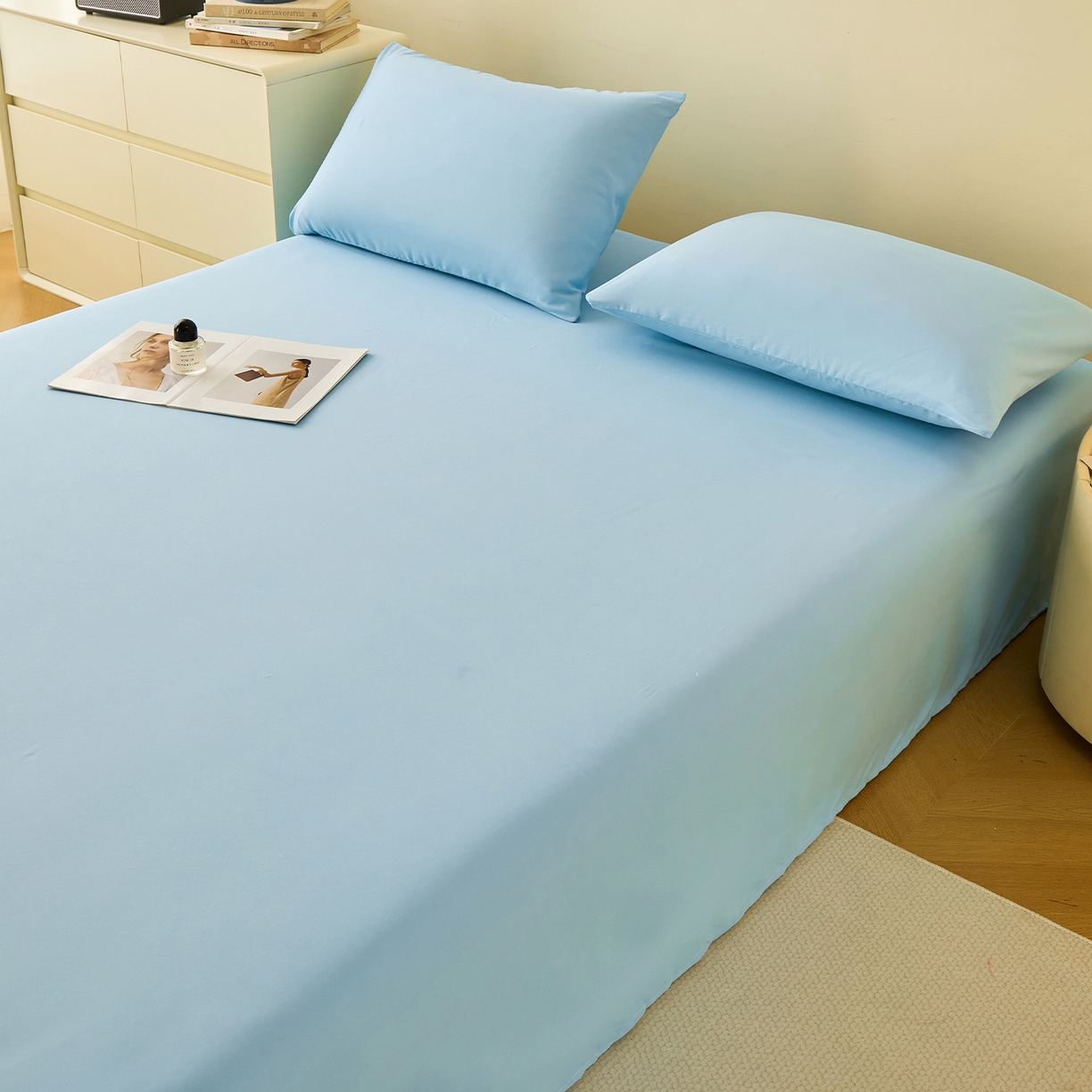 91家纺网 家纺一手货源 找家纺 青泽家纺 2025新款A类亲肤水洗棉纯色床单单品床单单件单床单 海盐蓝