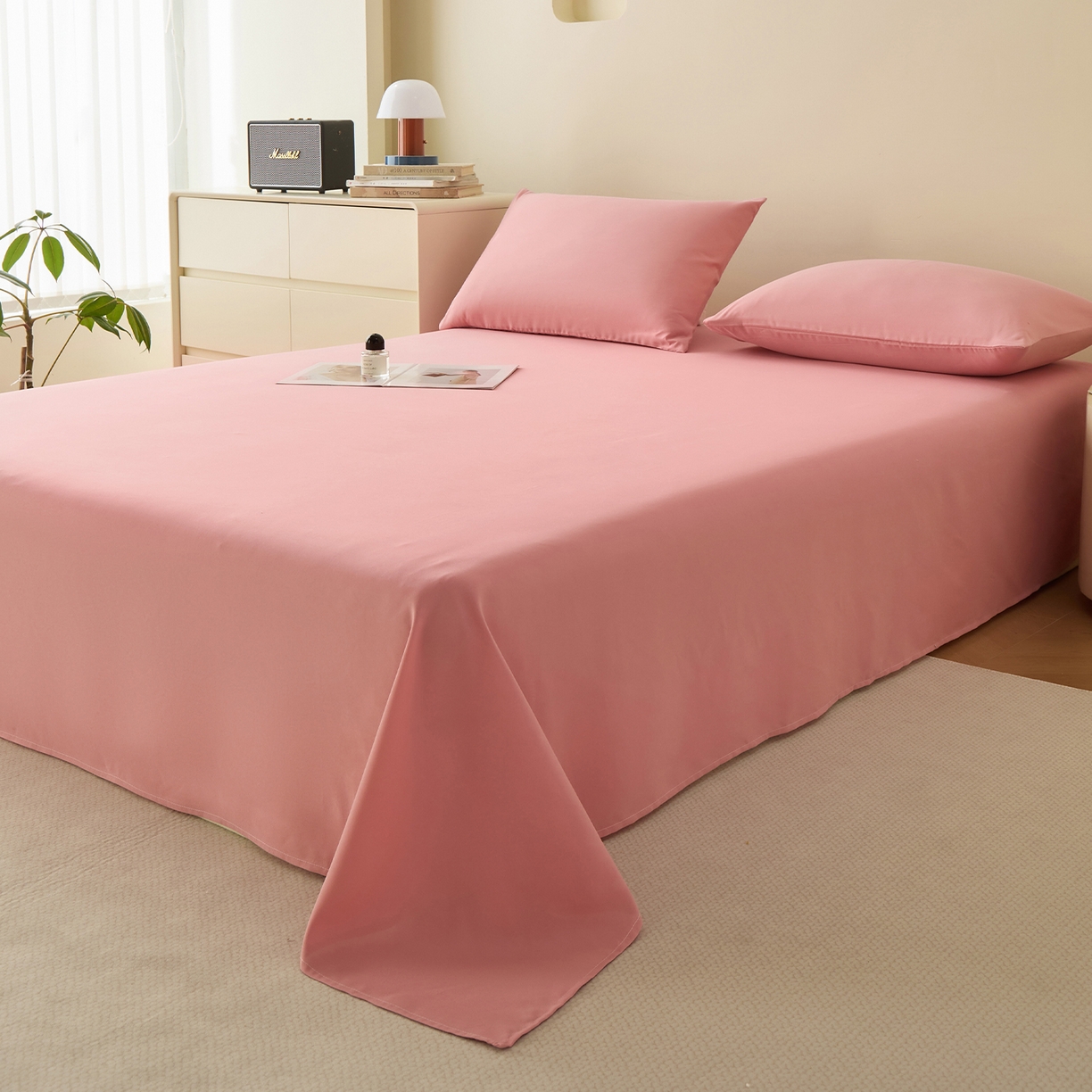 91家纺网 家纺一手货源 找家纺 青泽家纺 2025新款A类亲肤水洗棉纯色床单单品床单单件单床单 玫粉色