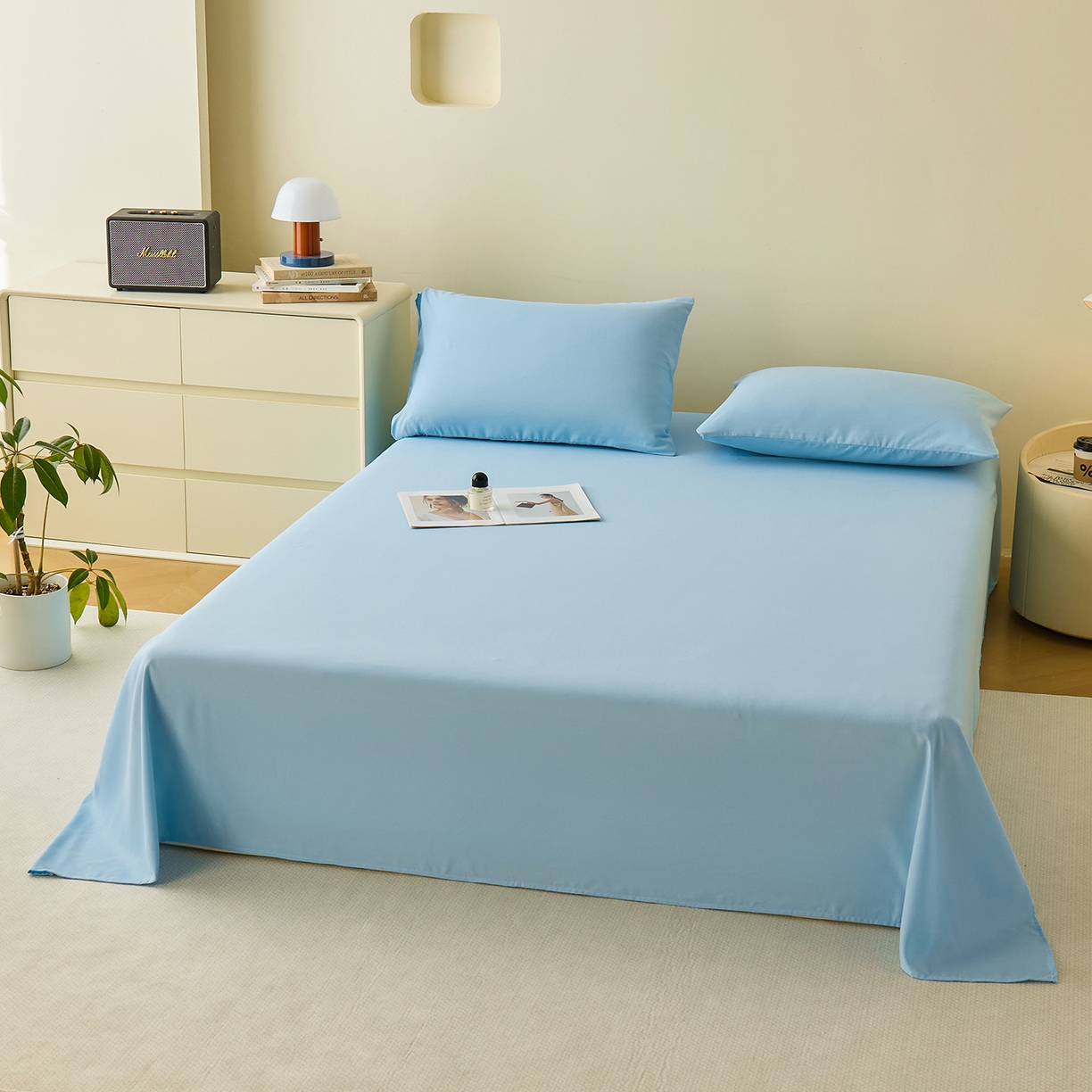 91家纺网 家纺一手货源 找家纺 青泽家纺 2025新款A类亲肤水洗棉纯色床单单品床单单件单床单 海盐蓝