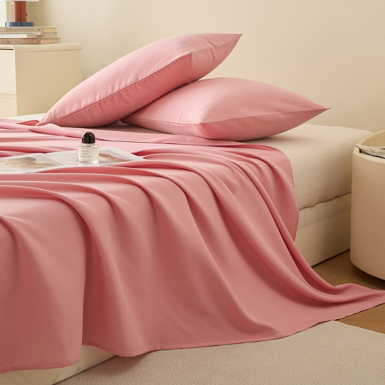 91家纺网 家纺一手货源 找家纺 青泽家纺 2025新款A类亲肤水洗棉纯色床单单品床单单件单床单 玫粉色