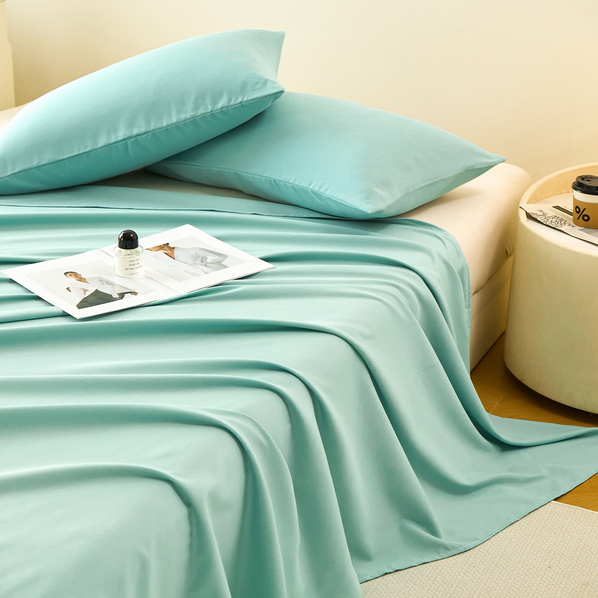 91家纺网 家纺一手货源 找家纺 青泽家纺 2025新款A类亲肤水洗棉纯色床单单品床单单件单床单 天青蓝