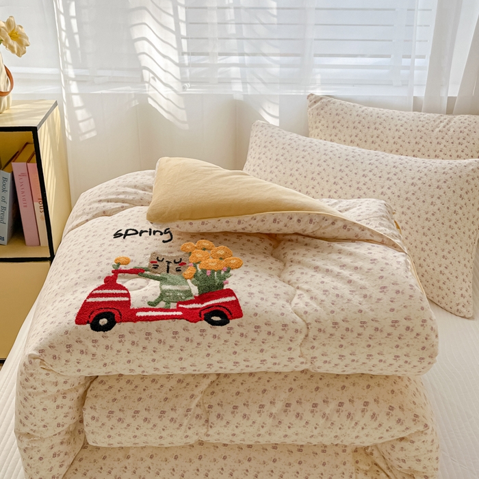 91家纺网 家纺一手货源 找家纺 老帅的工厂店 2025新款云感双层纱毛巾绣懒人被被子被芯 开车小猫