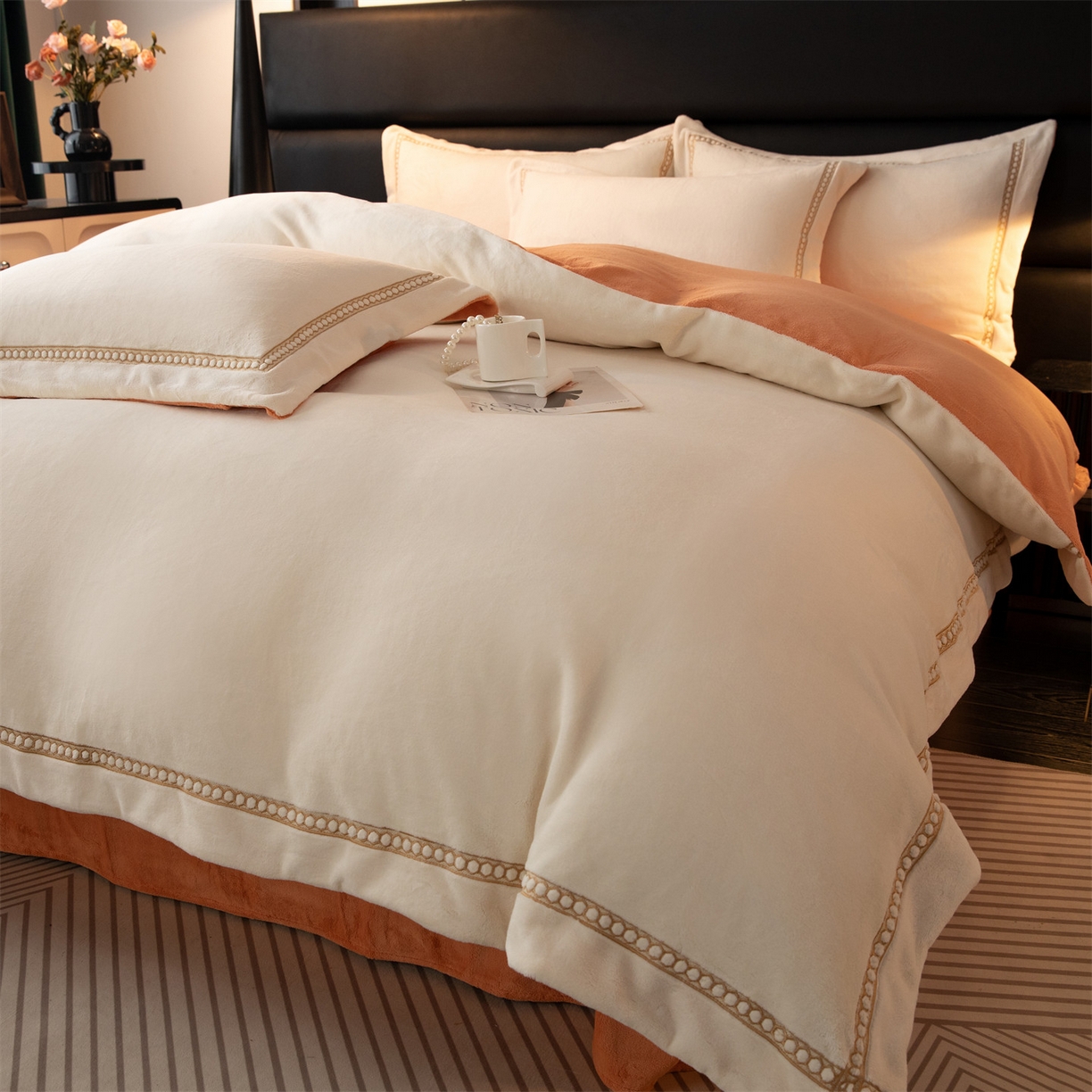 91家纺网 家纺一手货源 找家纺 （总）暖洋家纺 2025新款暖芙绒纯色刺绣款套件四件套