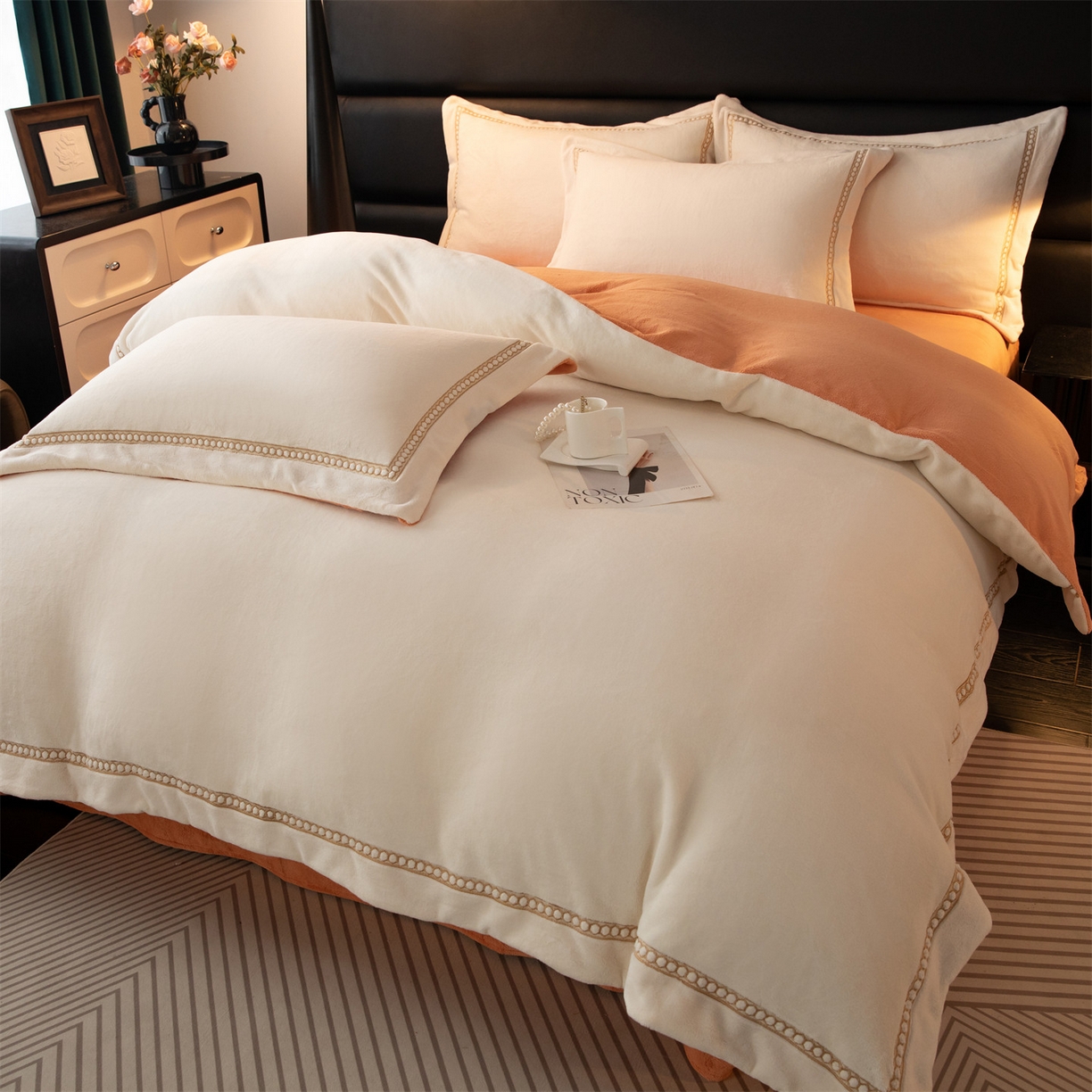 91家纺网 家纺一手货源 找家纺 （总）暖洋家纺 2025新款暖芙绒纯色刺绣款套件四件套