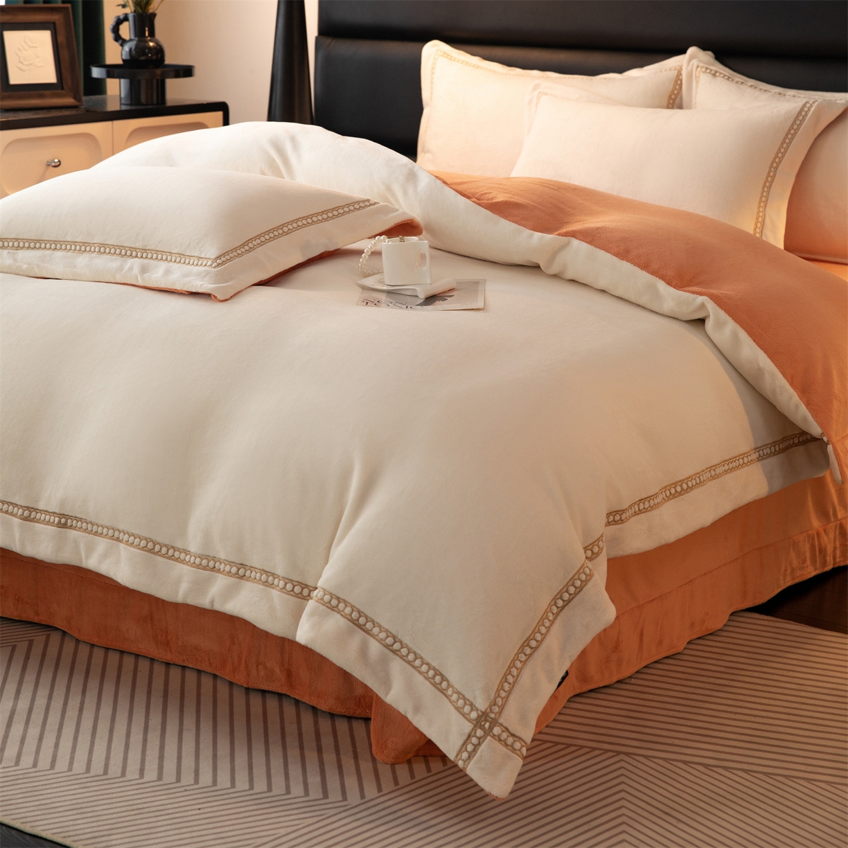 91家纺网 家纺一手货源 找家纺 （总）暖洋家纺 2025新款暖芙绒纯色刺绣款套件四件套