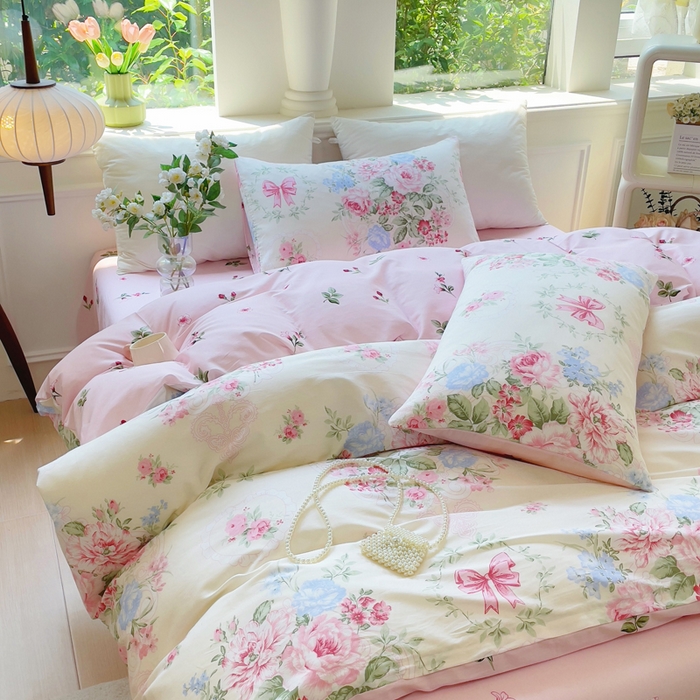 91家纺网 家纺一手货源 找家纺 集布 2025新款12868全棉喷气印花四件套 海仁粉