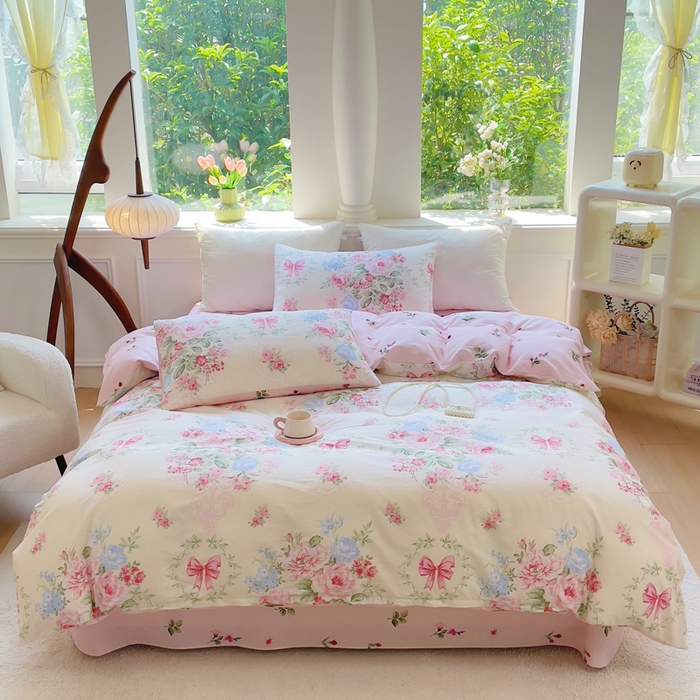 91家纺网 家纺一手货源 找家纺 集布 2025新款12868全棉喷气印花四件套 海仁粉