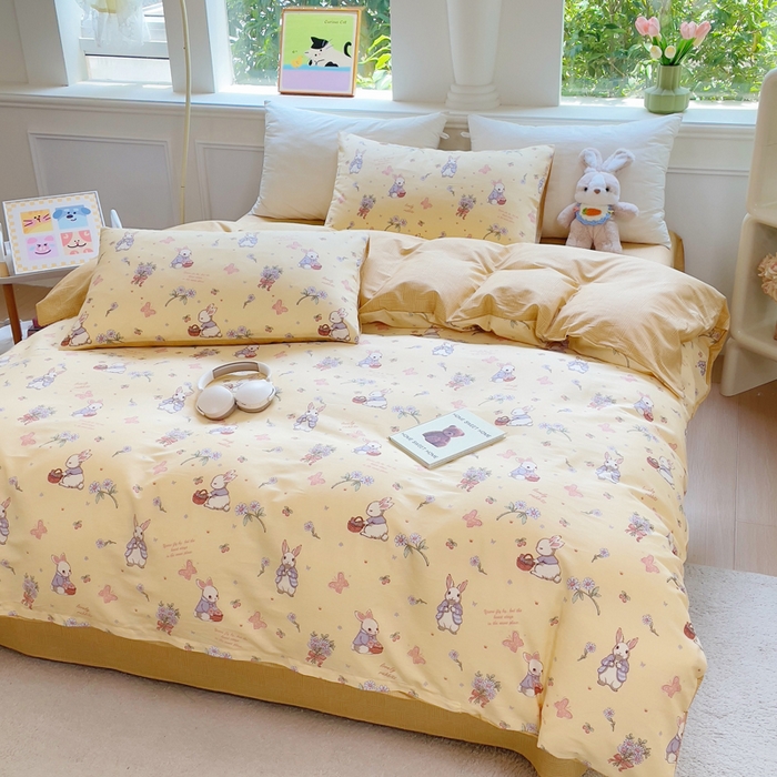 91家纺网 家纺一手货源 找家纺 集布 2025新款12868全棉喷气印花四件套 萌萌兔黄