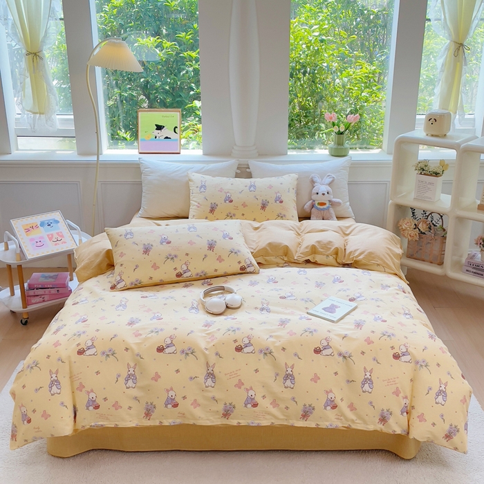 91家纺网 家纺一手货源 找家纺 集布 2025新款12868全棉喷气印花四件套 萌萌兔黄