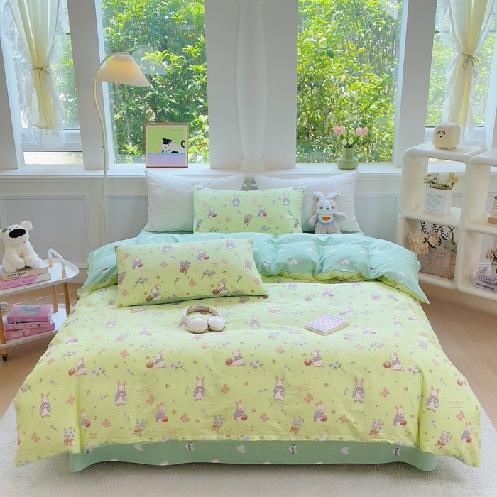 91家纺网 家纺一手货源 找家纺 集布 2025新款12868全棉喷气印花四件套 萌萌兔绿