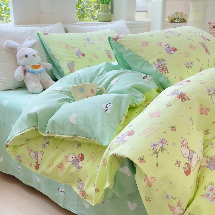 集布 2025新款12868全棉喷气印花四件套 萌萌兔绿