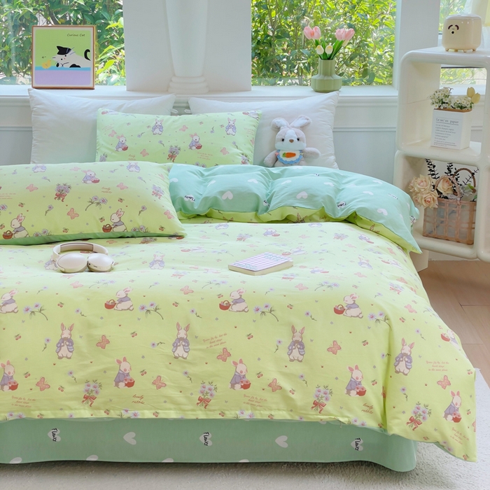 91家纺网 家纺一手货源 找家纺 集布 2025新款12868全棉喷气印花四件套 萌萌兔绿