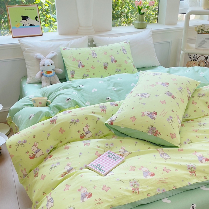 91家纺网 家纺一手货源 找家纺 集布 2025新款12868全棉喷气印花四件套 萌萌兔绿