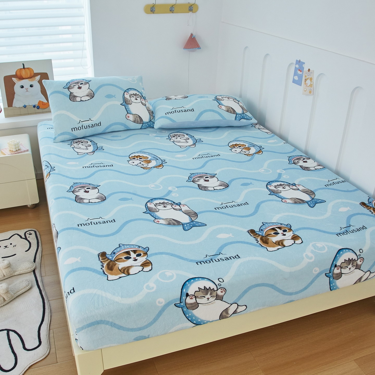 91家纺网 家纺一手货源 找家纺 （总）蘭菲家纺 2025新款高克重牛奶绒正版鲨鱼猫系列单品床笠