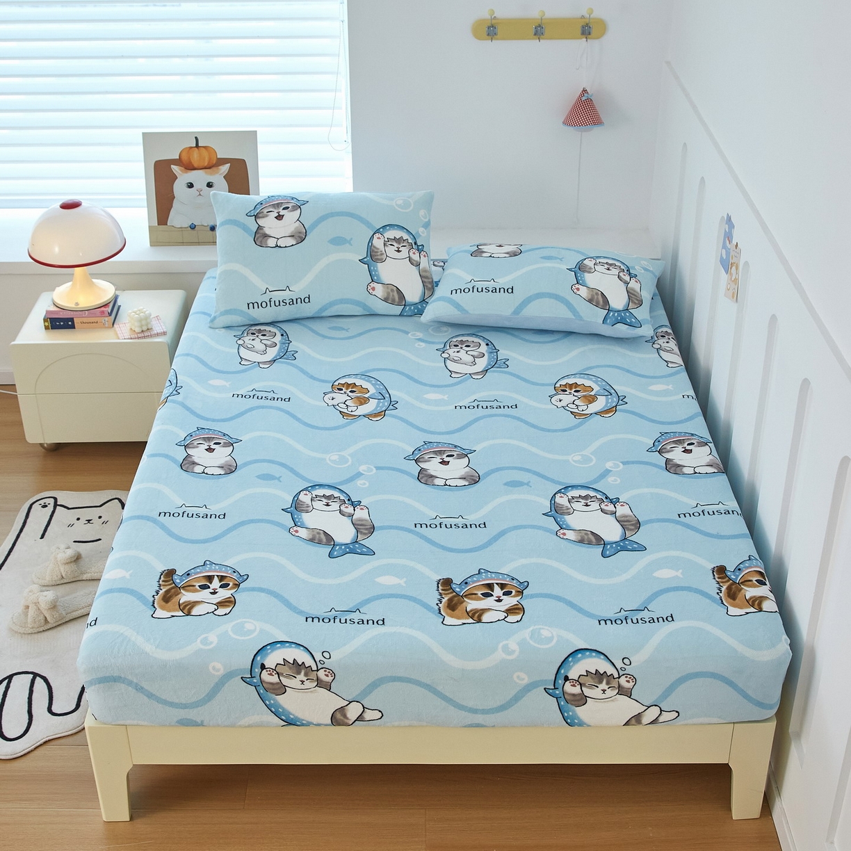 蘭菲家纺 2025新款高克重牛奶绒正版鲨鱼猫系列单品床笠 珊迪出海-猫福