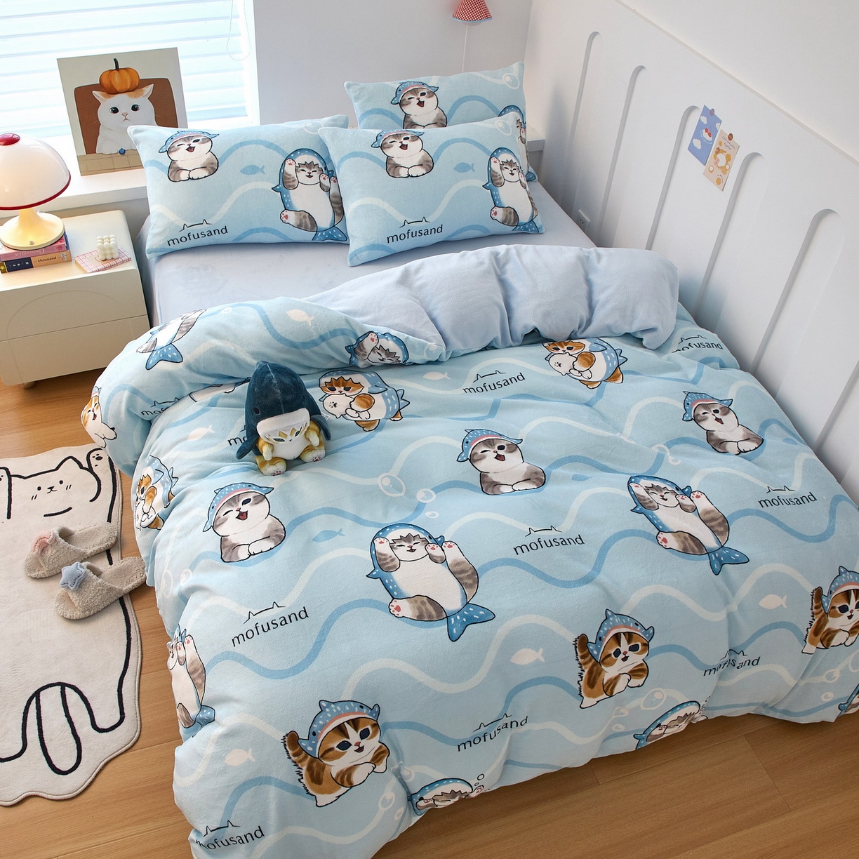 91家纺网 家纺一手货源 找家纺 （总）蘭菲家纺 2025新款高克重牛奶绒正版鲨鱼猫系列四件套