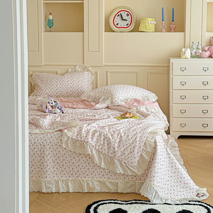 91家纺网 家纺一手货源 找家纺 源舜家纺 2025新款全棉双层纱床盖三件套四件套 梦寐花都