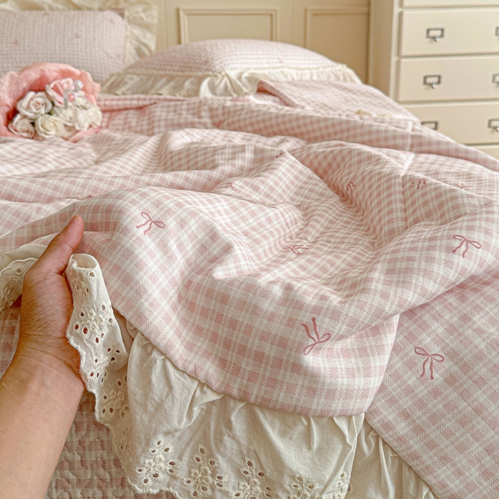 91家纺网 家纺一手货源 找家纺 源舜家纺 2025新款全棉双层纱床盖三件套四件套 茉莉清风-粉