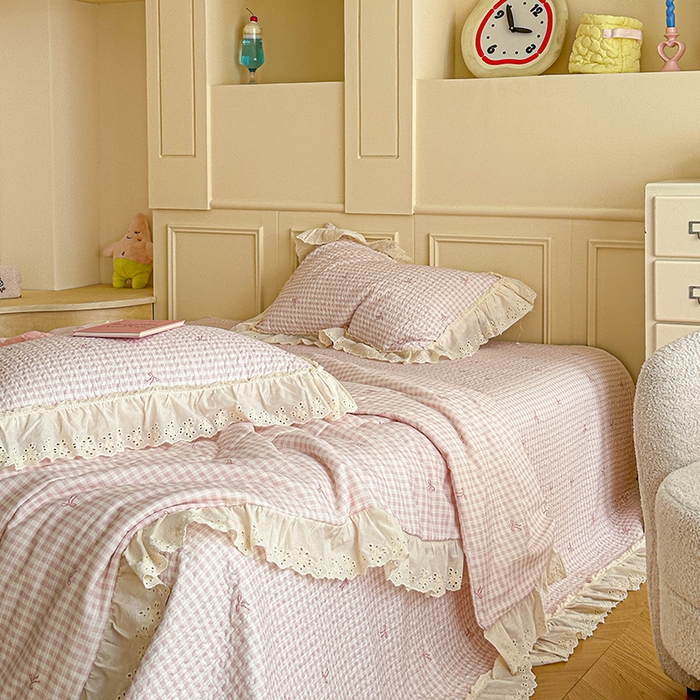 91家纺网 家纺一手货源 找家纺 源舜家纺 2025新款全棉双层纱床盖三件套四件套 茉莉清风-粉