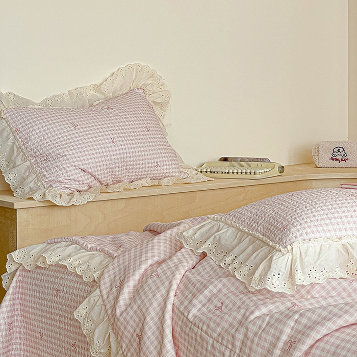 91家纺网 家纺一手货源 找家纺 源舜家纺 2025新款全棉双层纱床盖三件套四件套 茉莉清风-粉