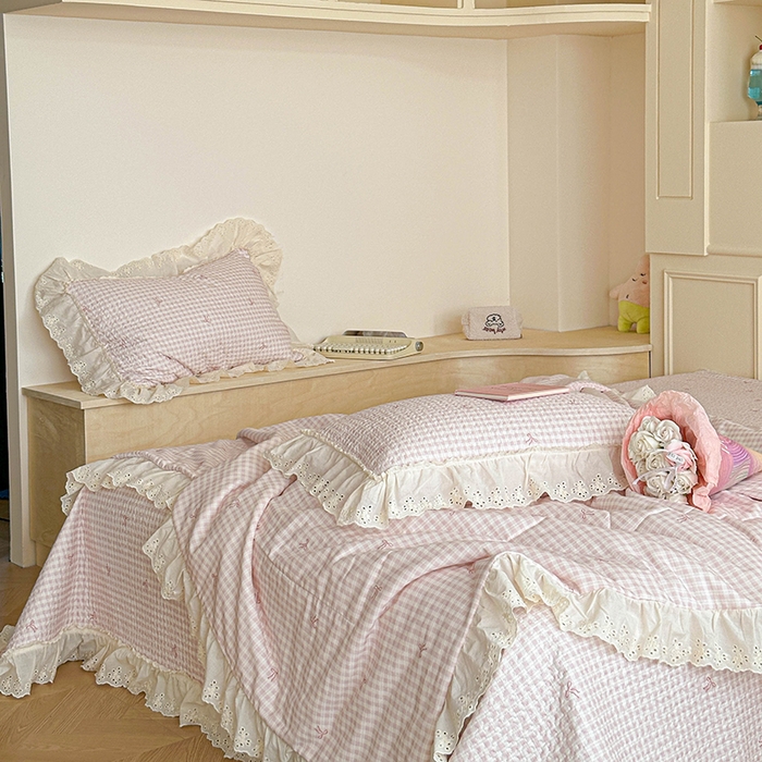 91家纺网 家纺一手货源 找家纺 源舜家纺 2025新款全棉双层纱床盖三件套四件套 茉莉清风-粉