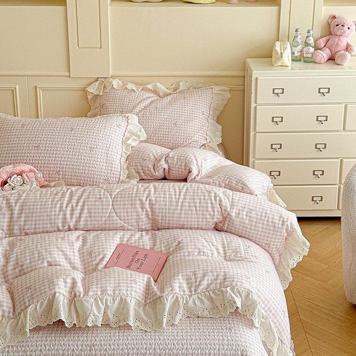 91家纺网 家纺一手货源 找家纺 源舜家纺 2025新款全棉双层纱床盖三件套四件套 茉莉清风-粉